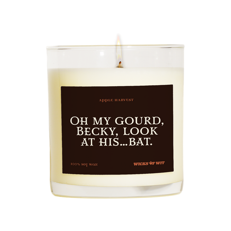 Wicks of Wit — Oh My Gourd, Becky, Look at His...Bat scented soy candle, hand-poured in the USA — label detail