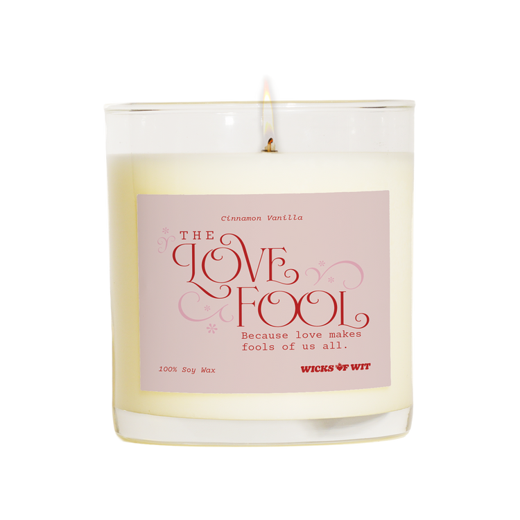Wicks of Wit — The Love Fool scented soy candle, Romantic collection, hand-poured in the USA — front view
