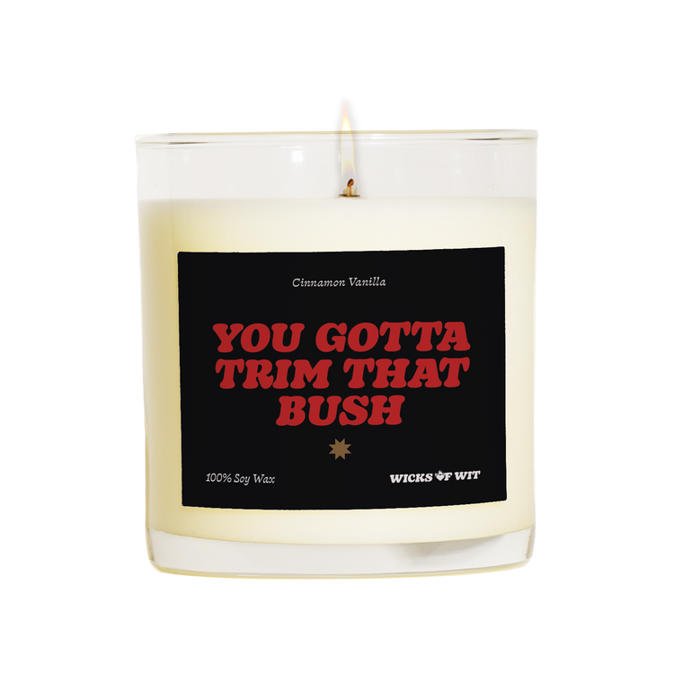 Wicks of Wit — You Gotta Trim That Bush scented soy candle, Naughty collection, hand-poured in the USA — top view
