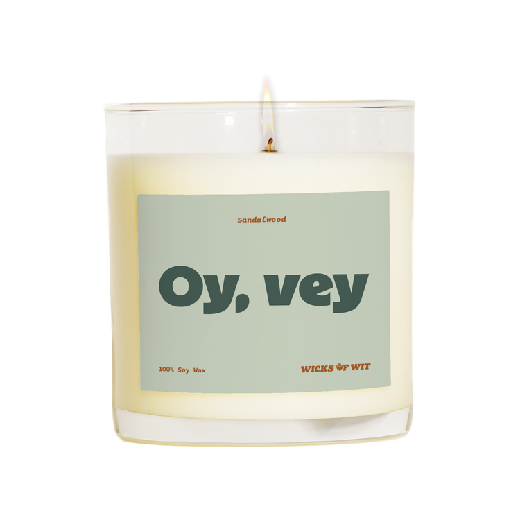 Wicks of Wit — Oy, Vey scented soy candle, Zen collection, hand-poured in the USA — front view
