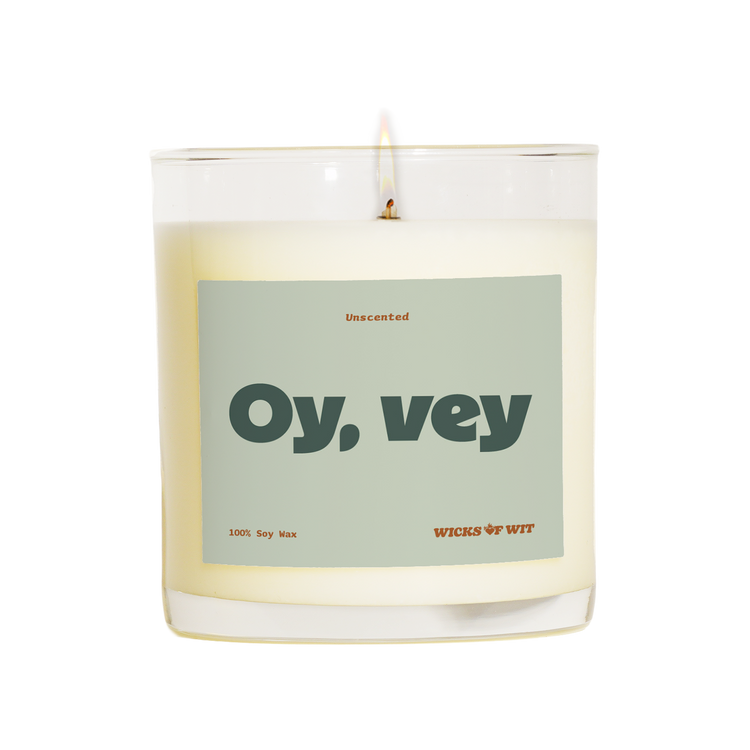 Wicks of Wit — Oy, Vey scented soy candle, Zen collection, hand-poured in the USA — label detail