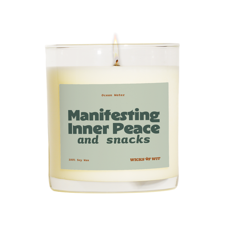 Wicks of Wit — Manifesting Inner Peace, and Snacks scented soy candle, Zen collection, hand-poured in the USA — label detail