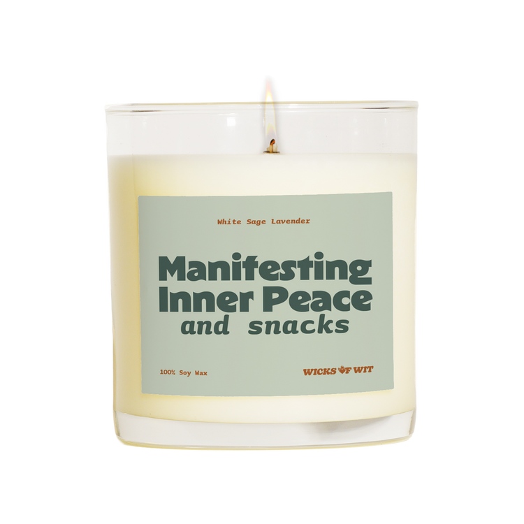 Wicks of Wit — Manifesting Inner Peace, and Snacks scented soy candle, Zen collection, hand-poured in the USA — top view