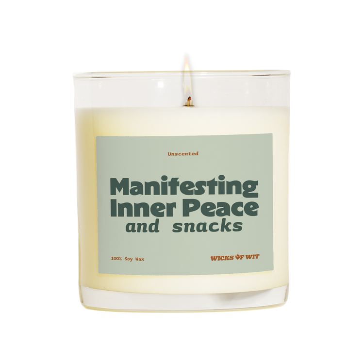 Wicks of Wit — Manifesting Inner Peace, and Snacks scented soy candle, Zen collection, hand-poured in the USA — side view