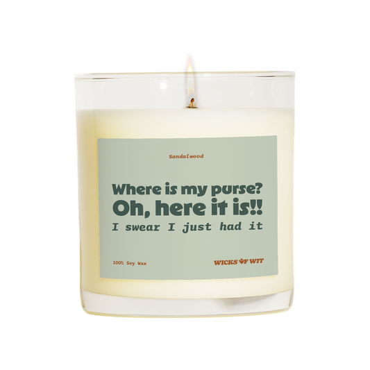 Wicks of Wit — Where Is My Purse? Oh, Here It Is!! scented soy candle, Zen collection, hand-poured in the USA — side view