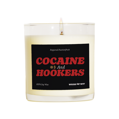 Wicks of Wit — Cocaine and Hookers scented soy candle, Naughty collection, hand-poured in the USA — front view