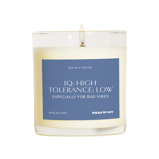 Wicks of Wit — IQ: High. Tolerance: Low. scented soy candle, Smart collection, hand-poured in the USA — front view