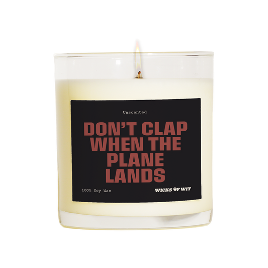 Wicks of Wit — Don't Clap When the Plane Lands scented soy candle, Edgy collection, hand-poured in the USA — front view