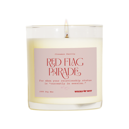 Wicks of Wit — Red Flag Parade scented soy candle, Romantic collection, hand-poured in the USA — front view